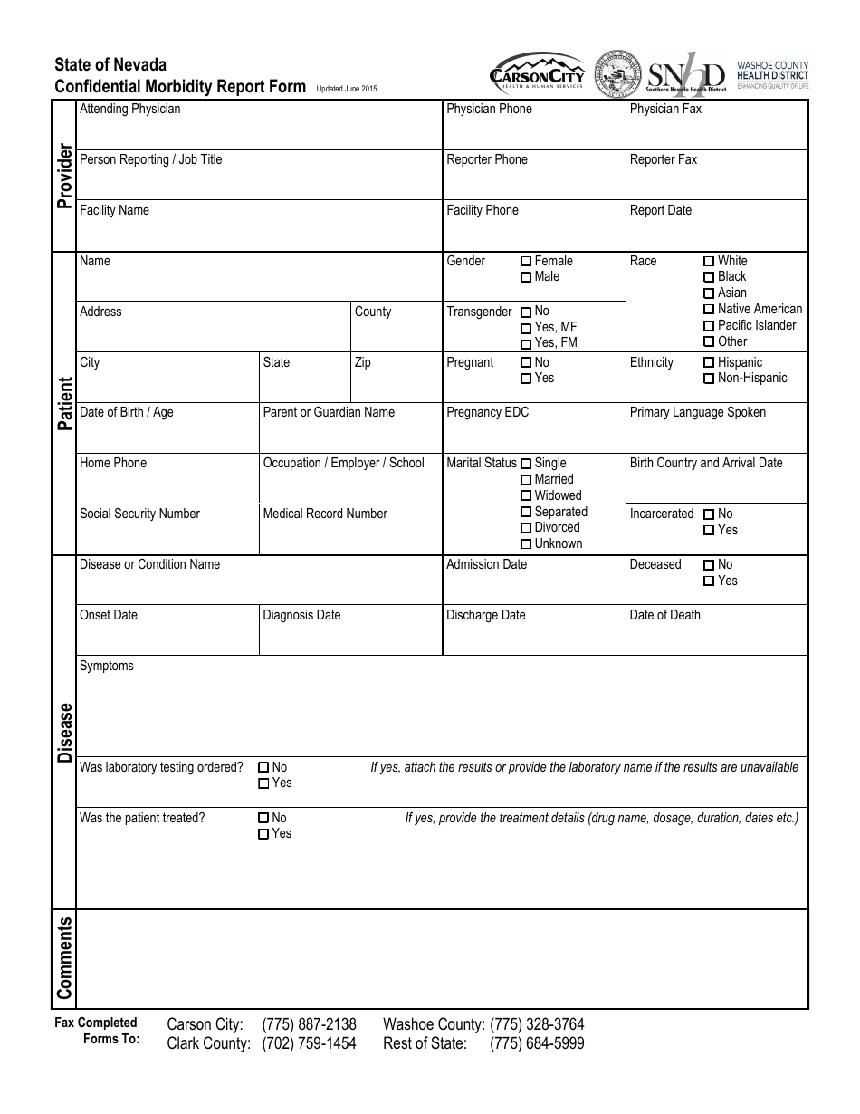 Confidential Morbidity Report Form - Nevada, Page 1