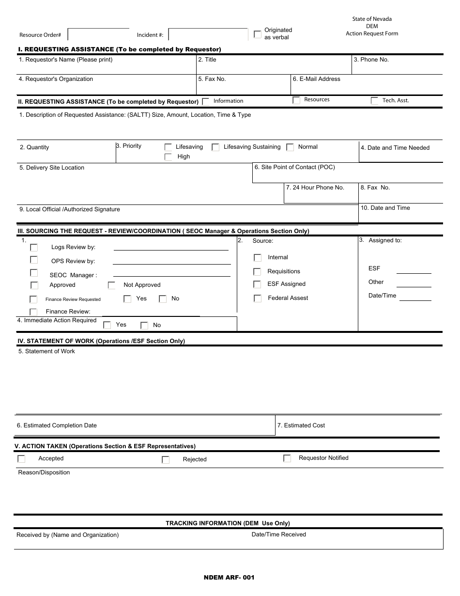 Form NDEM ARF-001 Action Request Form - Nevada, Page 1