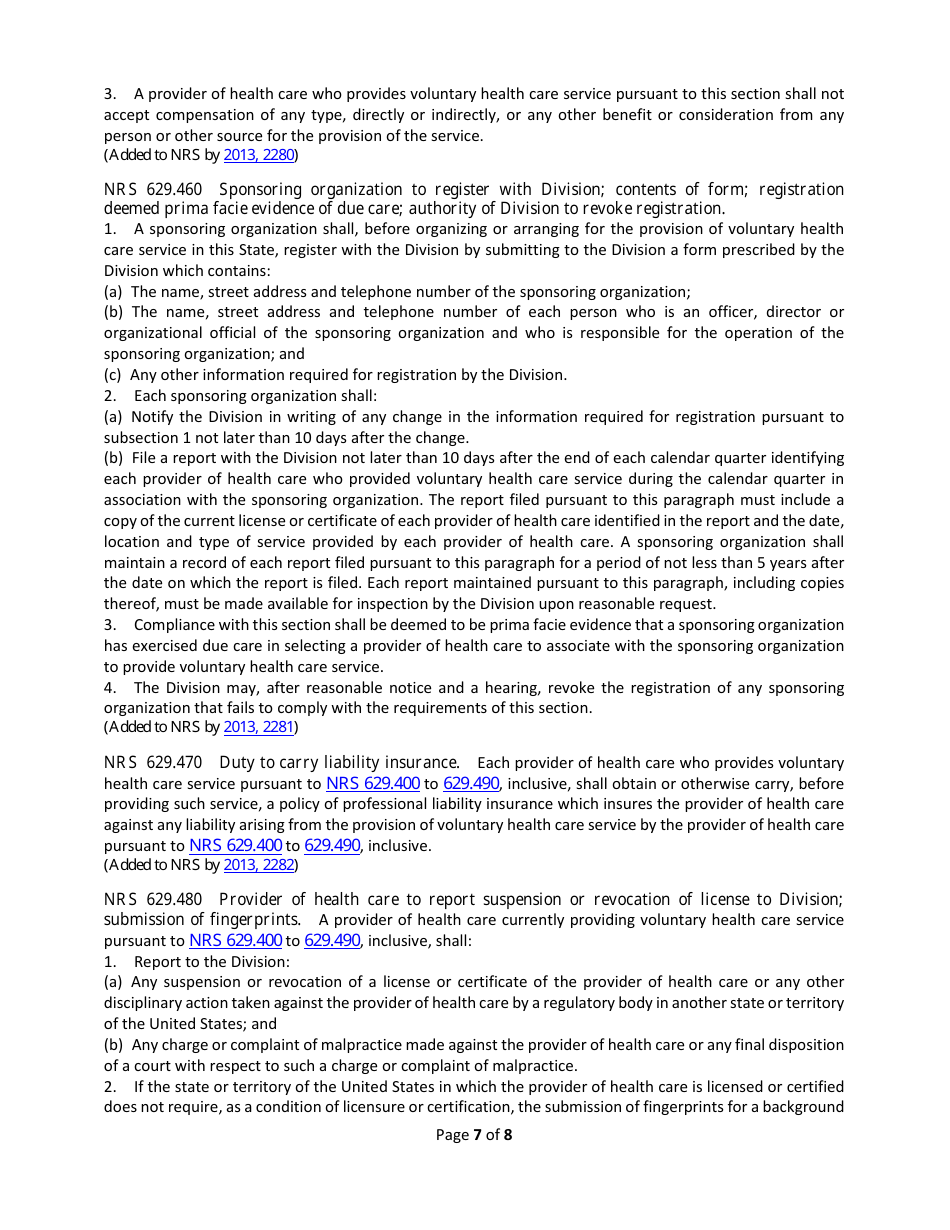 Registration of Sponsoring Entity Under Nevada Revised Statutes (Nrs) Chapter 629 - Nevada, Page 7