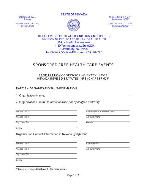 Registration of Sponsoring Entity Under Nevada Revised Statutes (Nrs) Chapter 629 - Nevada Download Pdf