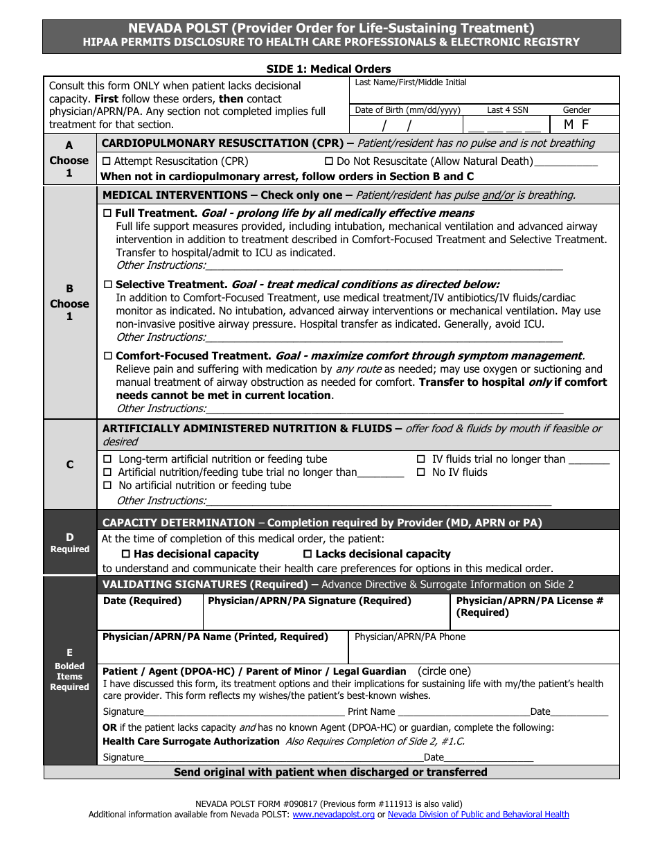 Form 090817 Provider Order for Life-Sustaining Treatment - Nevada, Page 1