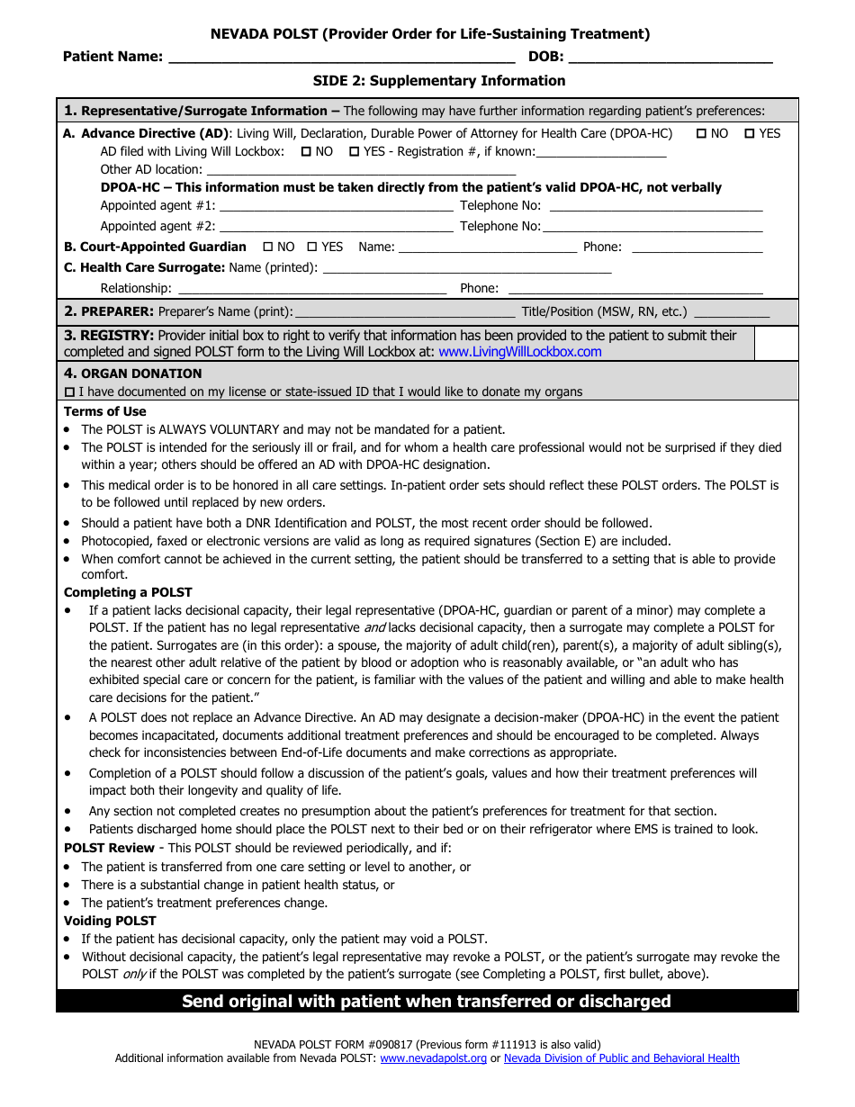 Form 090817 Provider Order for Life-Sustaining Treatment - Nevada, Page 2