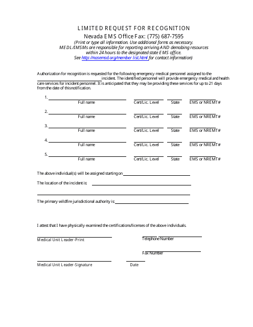 Limited Request Recognition Form - Nevada