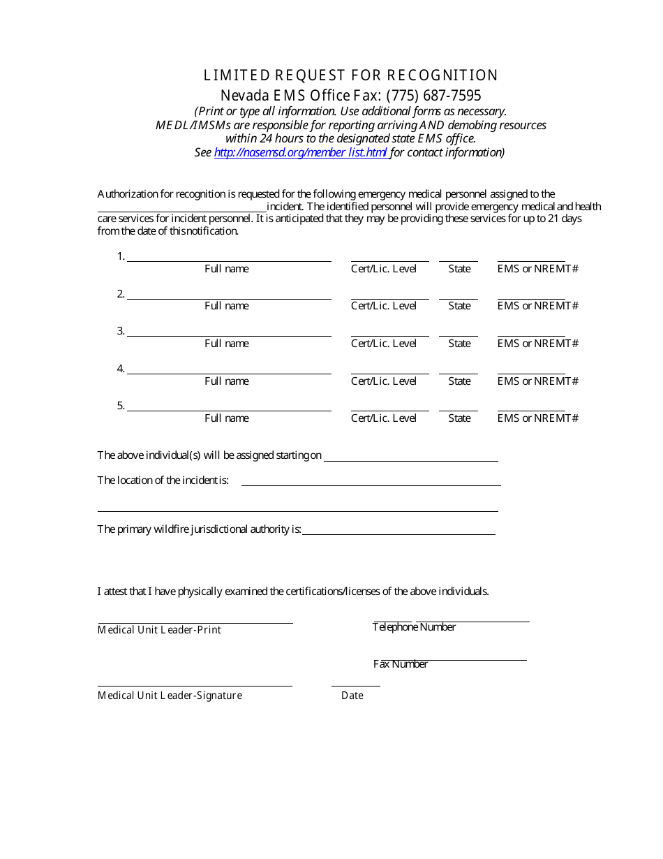 Limited Request Recognition Form - Nevada, Page 1