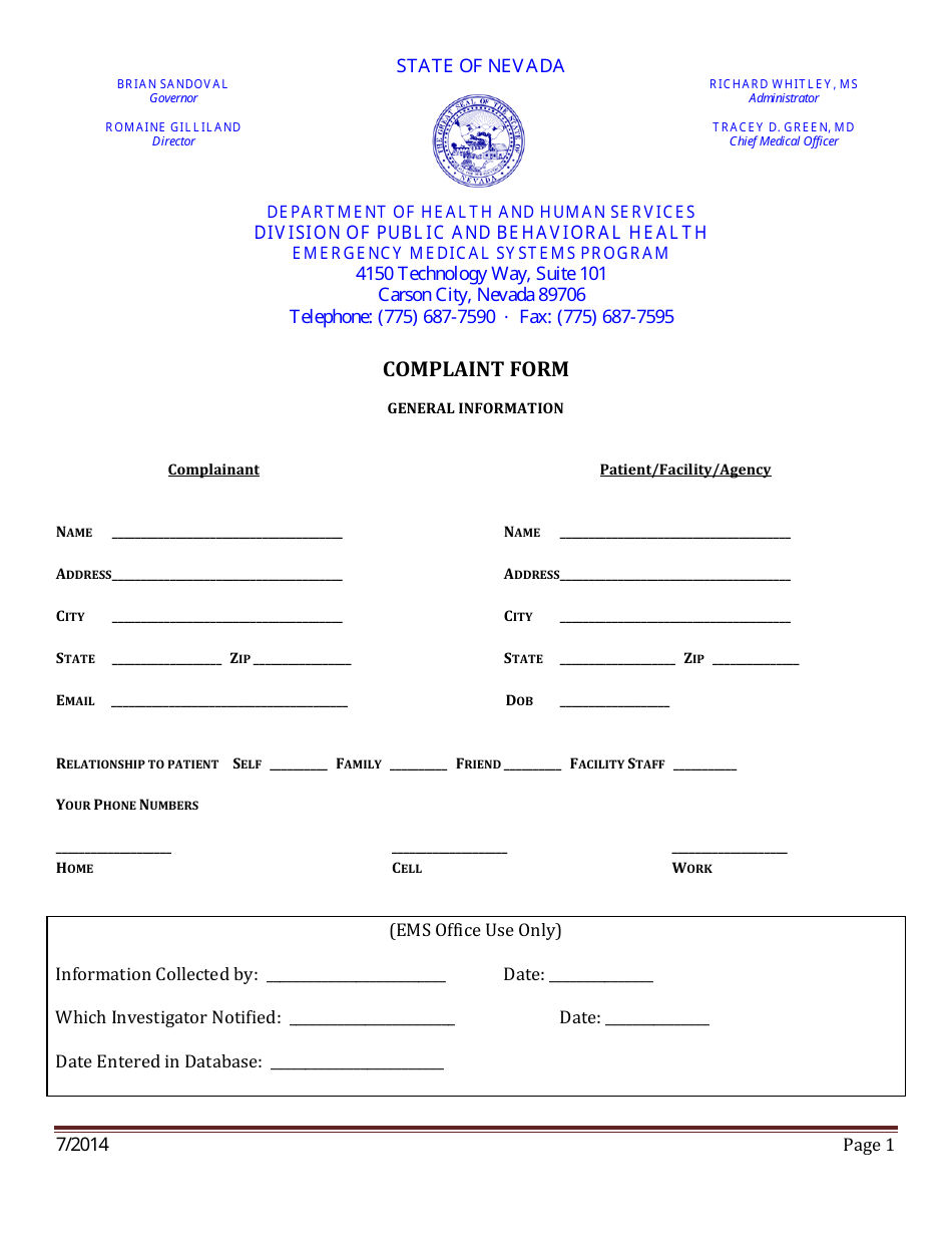 Nevada Complaint Form Emergency Medical Systems Program Fill Out