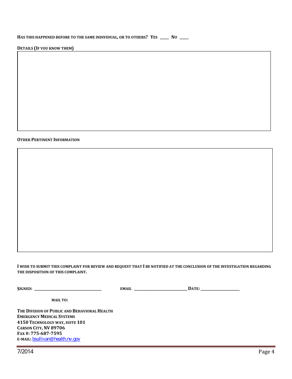 Complaint Form - Emergency Medical Systems Program - Nevada, Page 4
