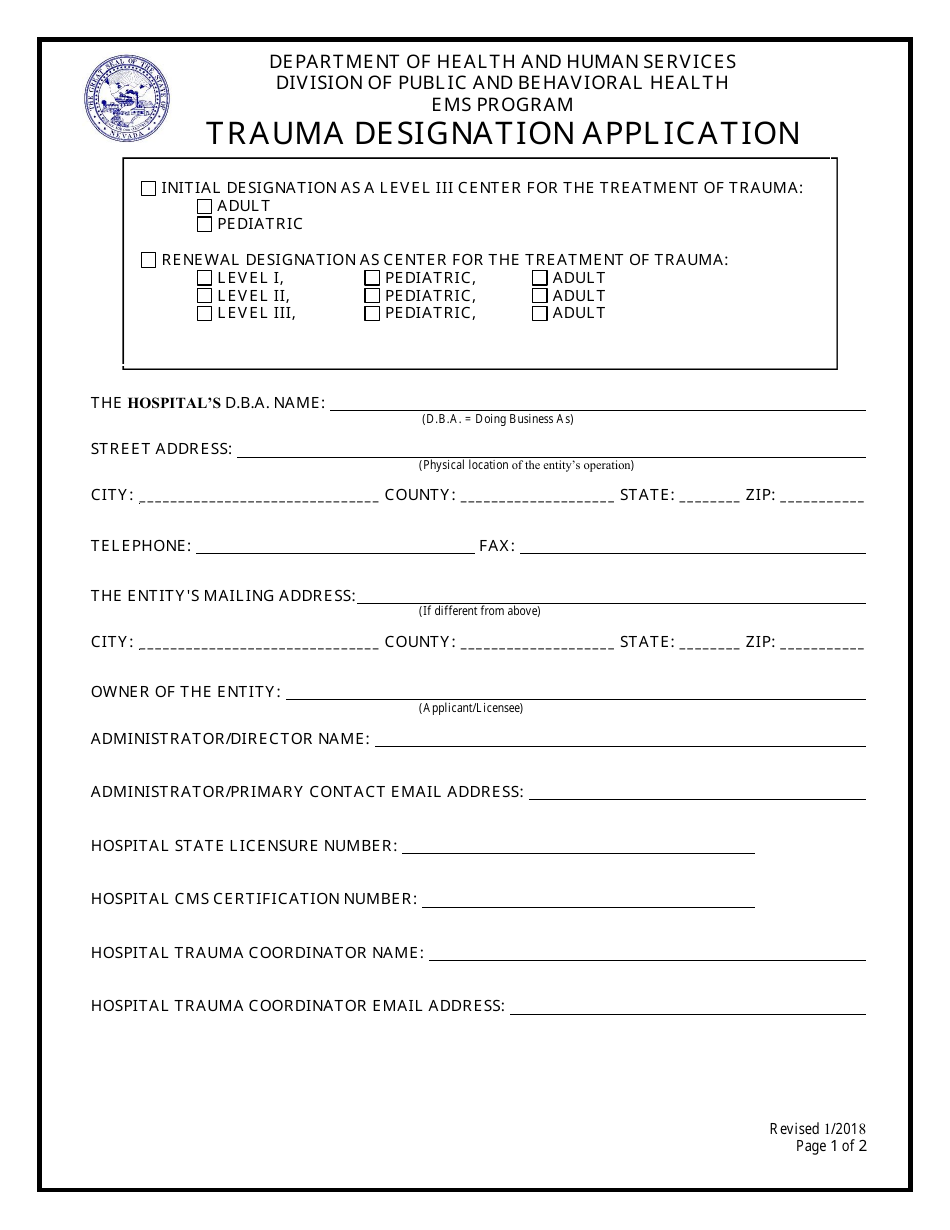 Trauma Designation Application Form - Nevada, Page 1