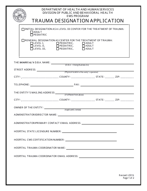 Trauma Designation Application Form - Nevada Download Pdf