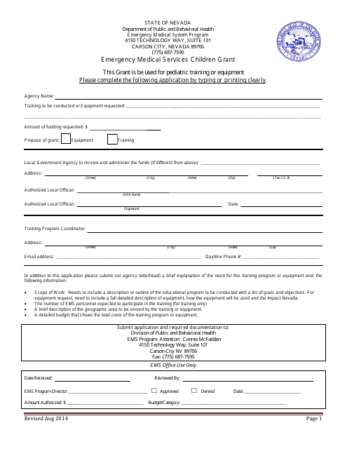 &quot;Emergency Medical Services Children Grant Application Form&quot; - Nevada Download Pdf