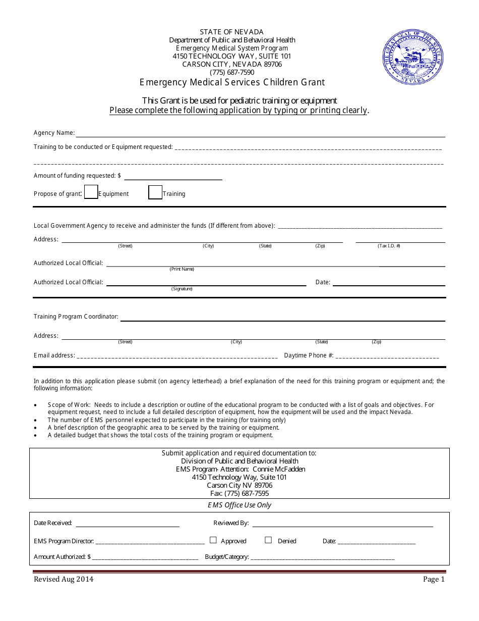 Emergency Medical Services Children Grant Application Form - Nevada, Page 1