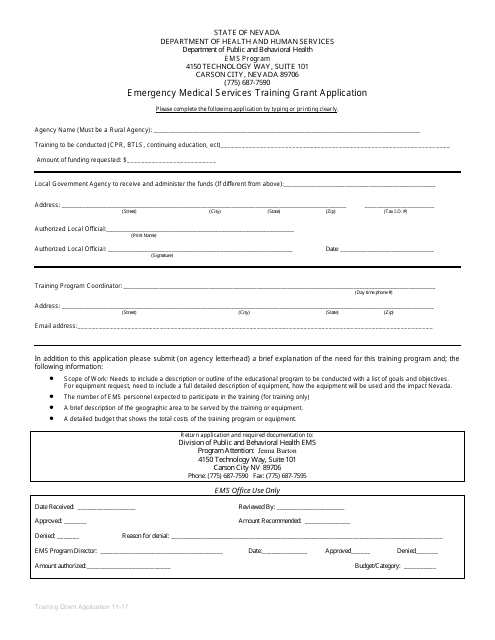 &quot;Emergency Medical Services Training Grant Application Form&quot; - Nevada Download Pdf