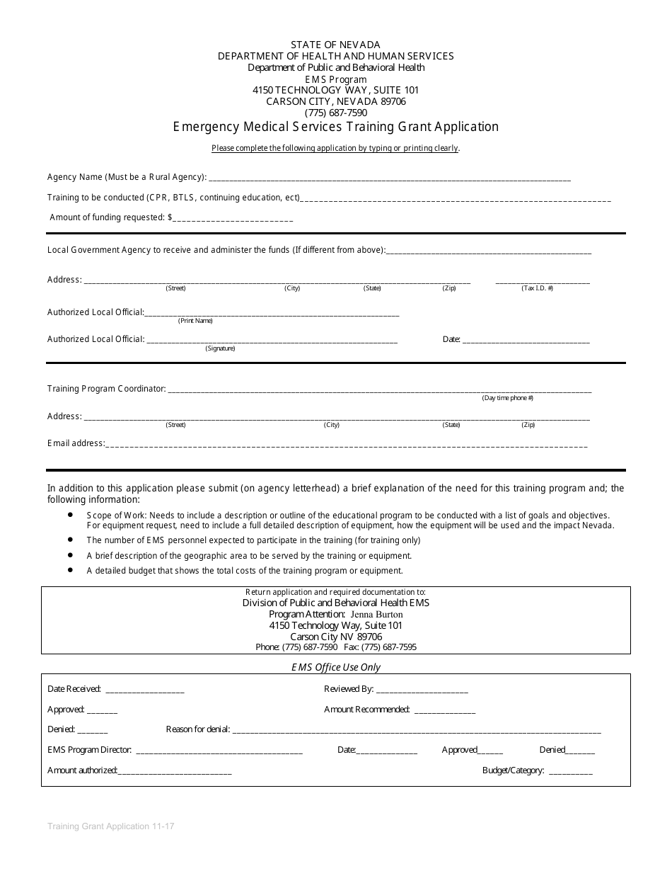 Emergency Medical Services Training Grant Application Form - Nevada, Page 1