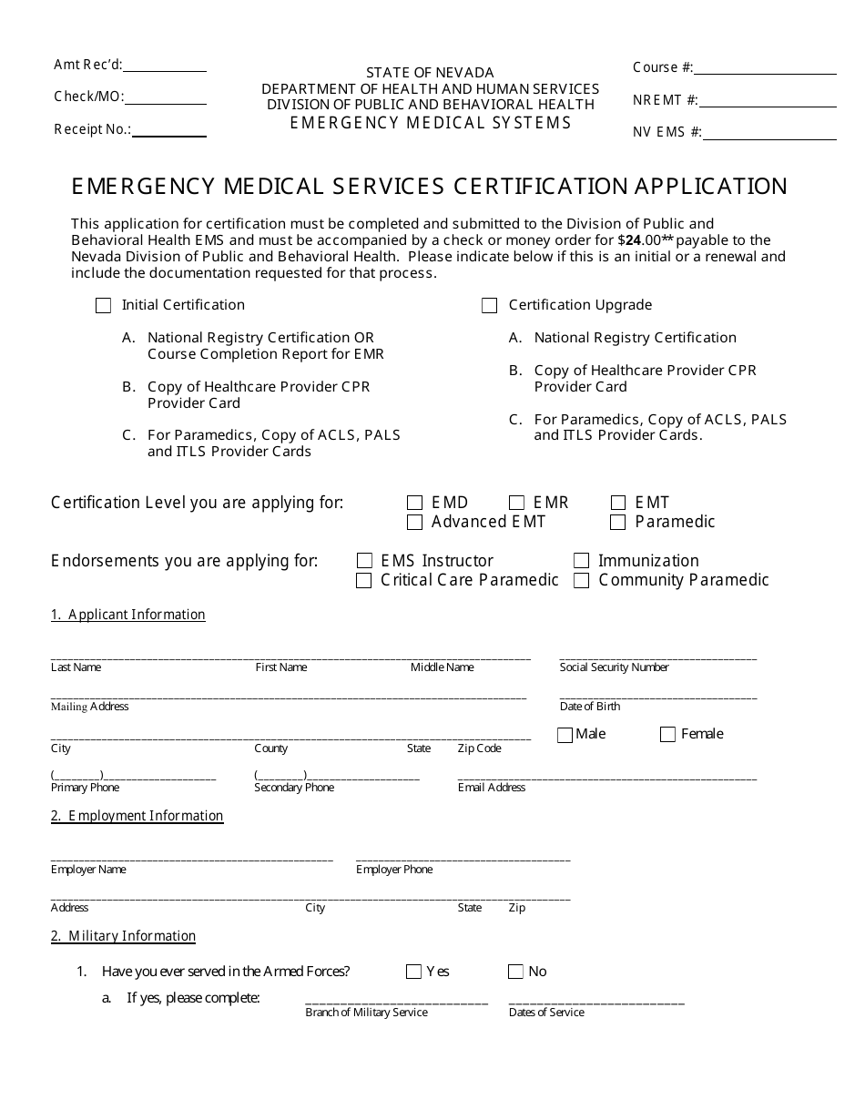 Emergency Medical Services Certification Application Form - Nevada, Page 1