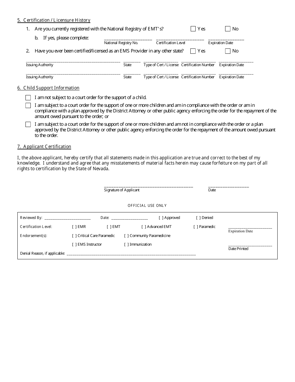 Emergency Medical Services Certification Application Form - Nevada, Page 2
