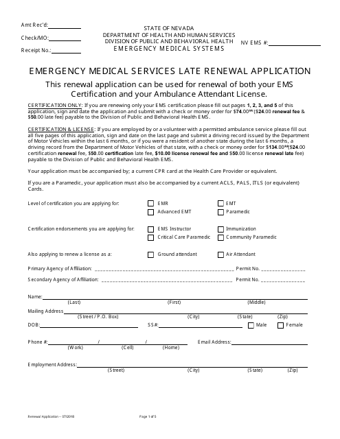Emergency Medical Services Late Renewal Application Form - Nevada Download Pdf