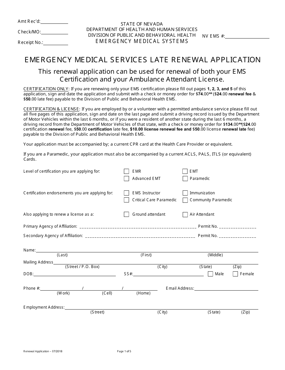 Nevada Emergency Medical Services Late Renewal Application Form Fill