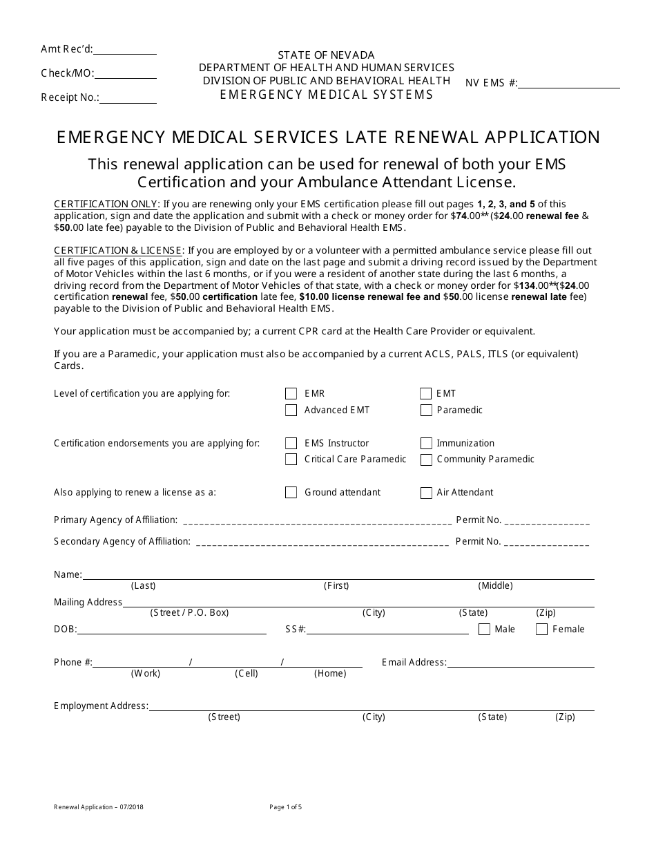 Emergency Medical Services Late Renewal Application Form - Nevada, Page 1