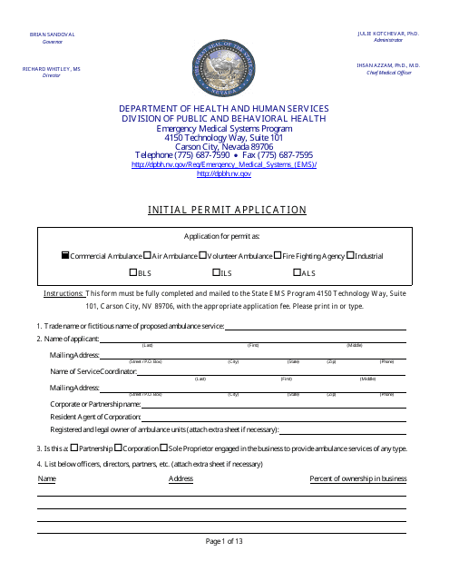Initial Permit Application Form - Nevada Download Pdf