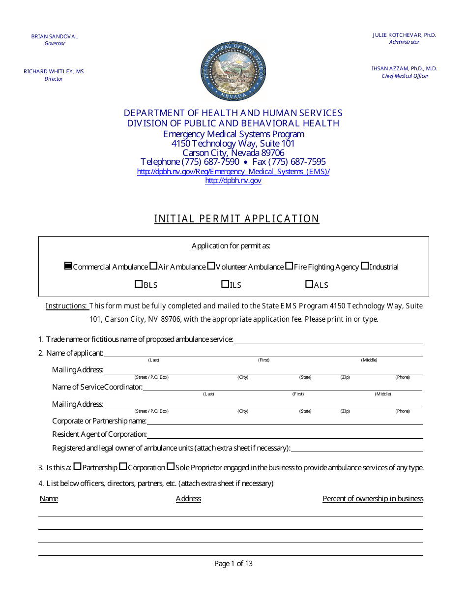 Initial Permit Application Form - Nevada, Page 1