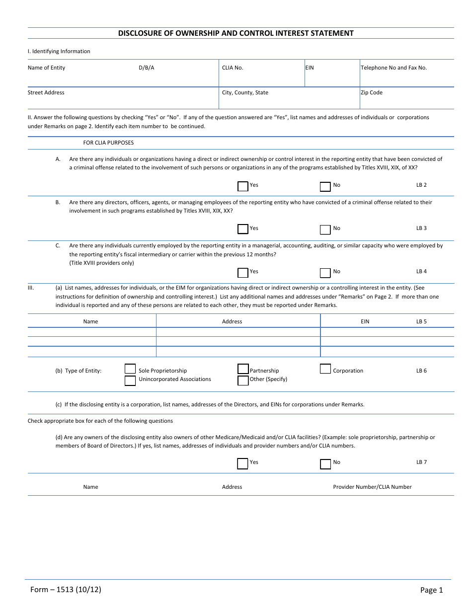 Form 1513 Disclosure of Ownership and Control Interest Statement - Nevada, Page 1
