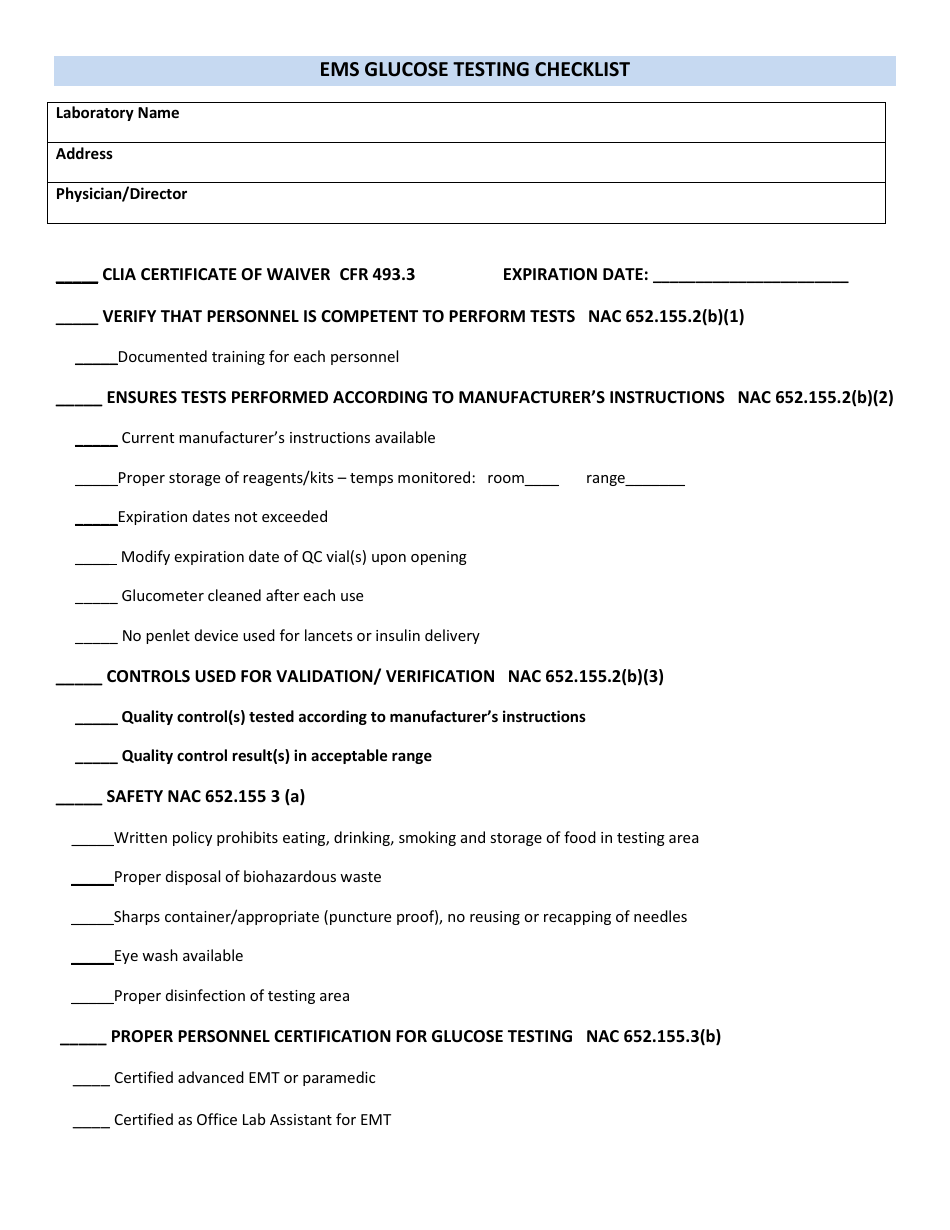 EMS Glucose Testing Checklist - Nevada, Page 1