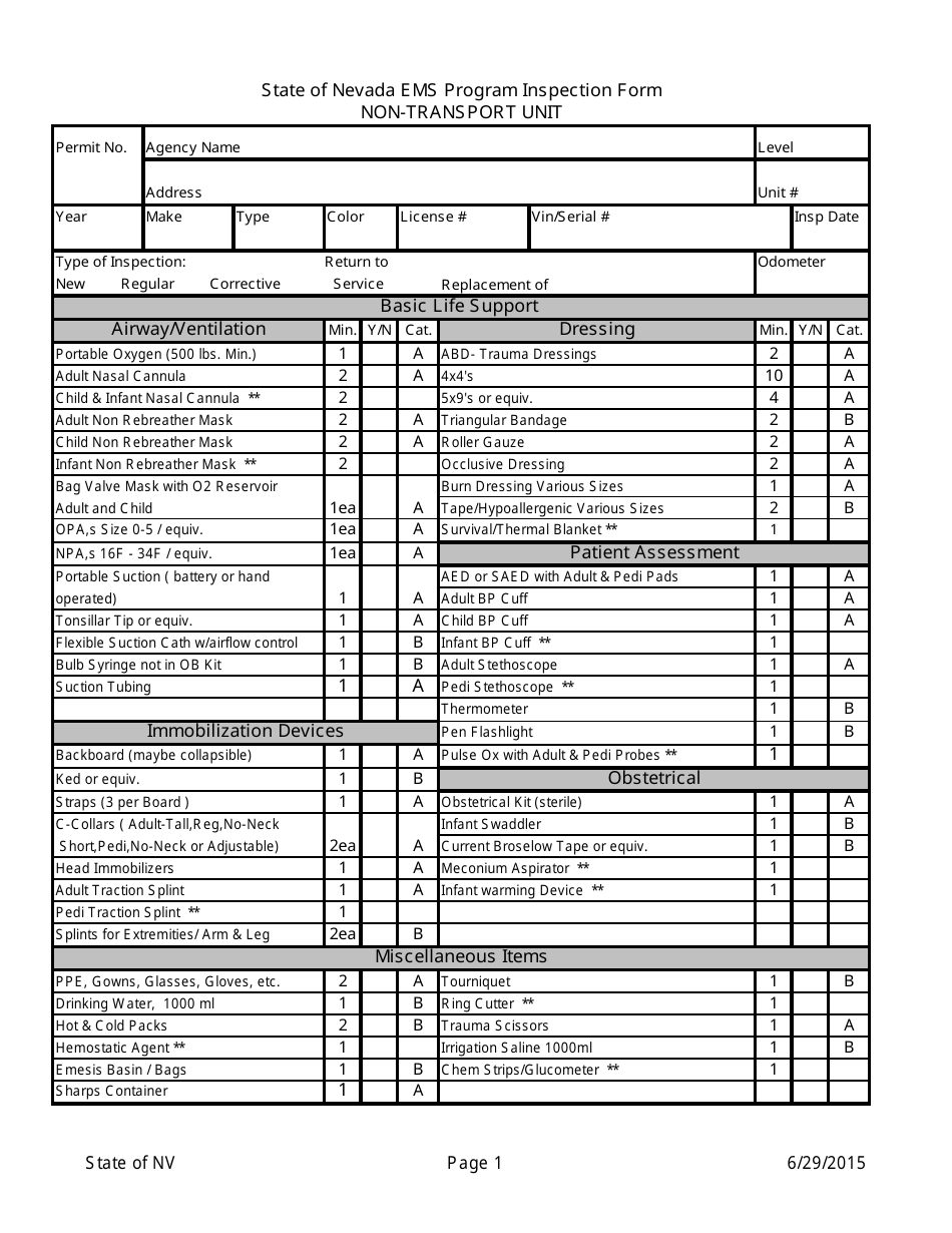 EMS Program Inspection Form - Non-transport Unit - Nevada, Page 1