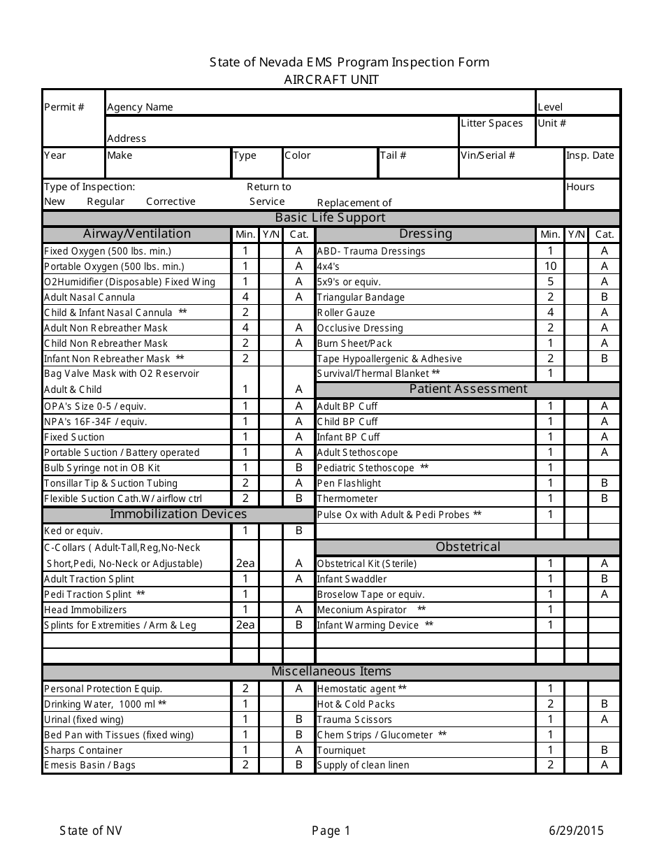 EMS Program Inspection Form - Aircraft Unit - Nevada, Page 1