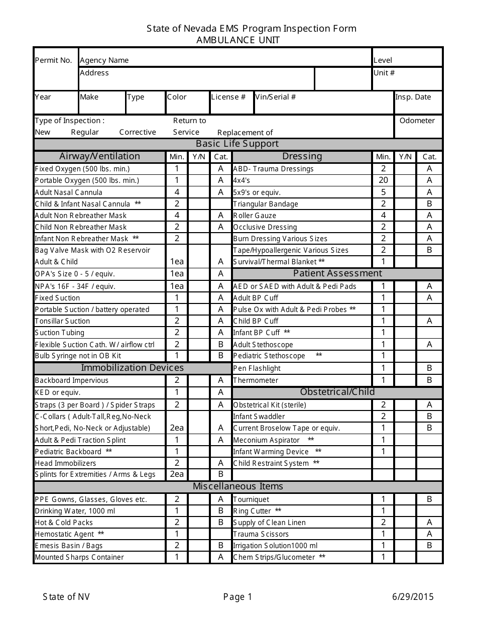 EMS Program Inspection Form - Ambulance Unit - Nevada, Page 1