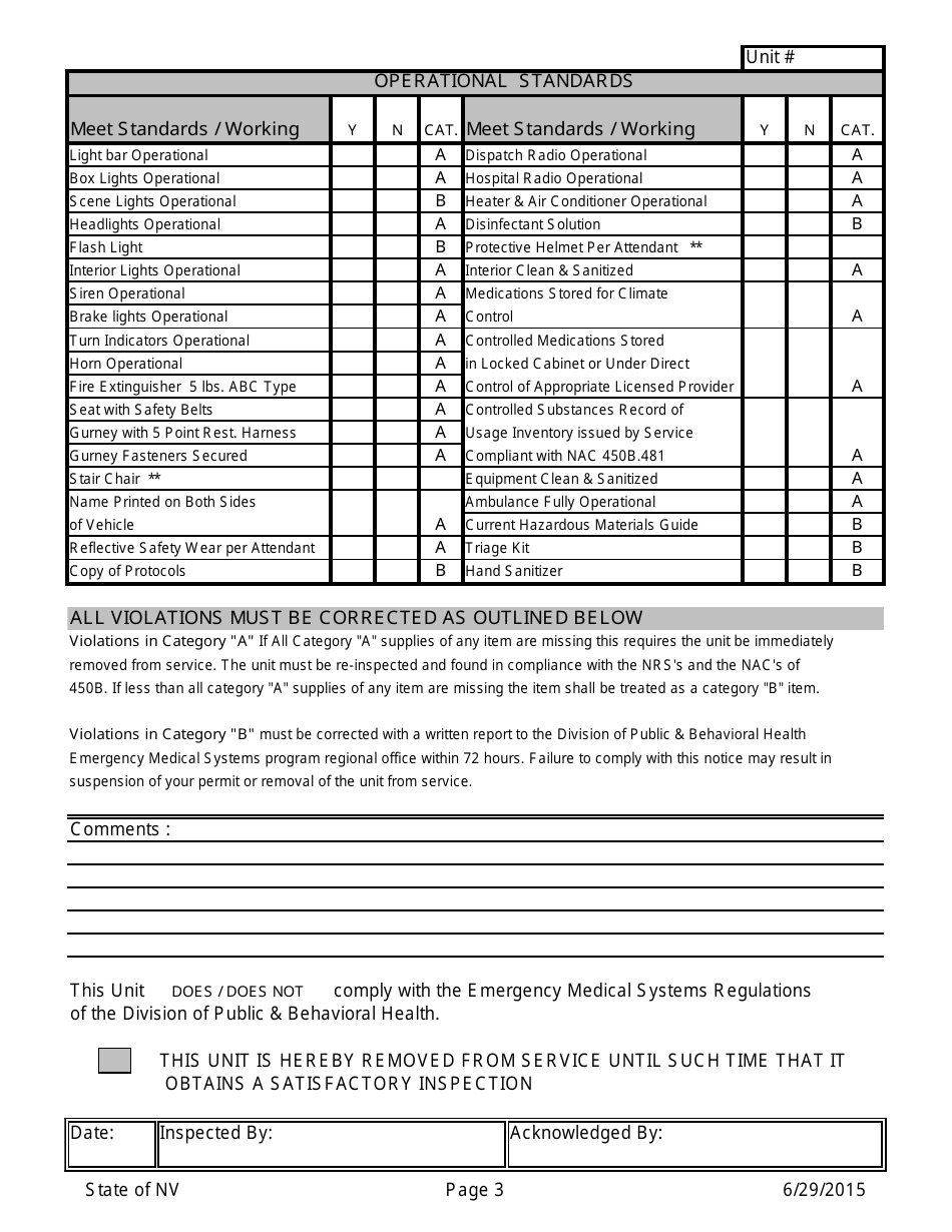 EMS Program Inspection Form - Ambulance Unit - Nevada, Page 3