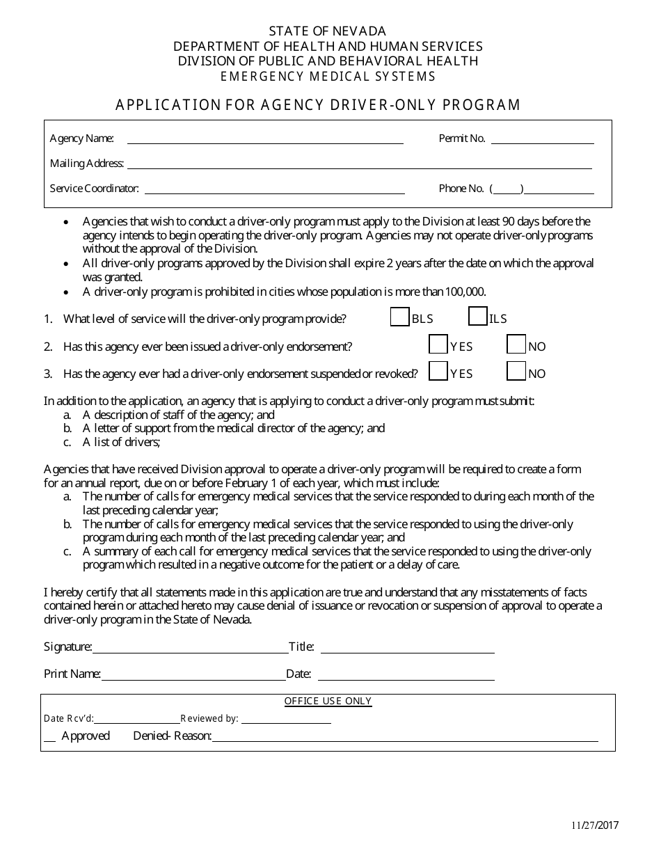Application for Agency Driver-Only Program - Nevada, Page 1