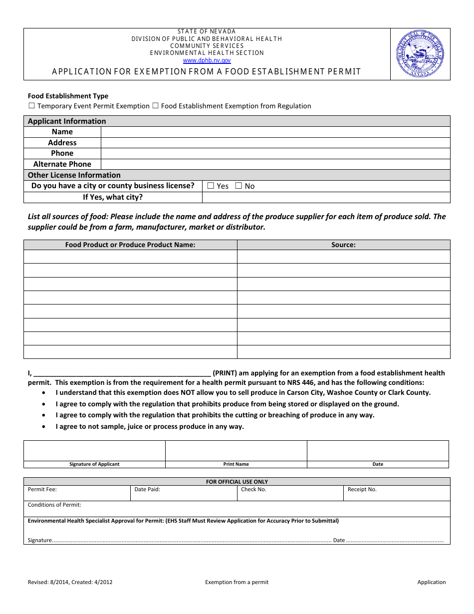 Nevada Application for Exemption From a Food Establishment Permit
