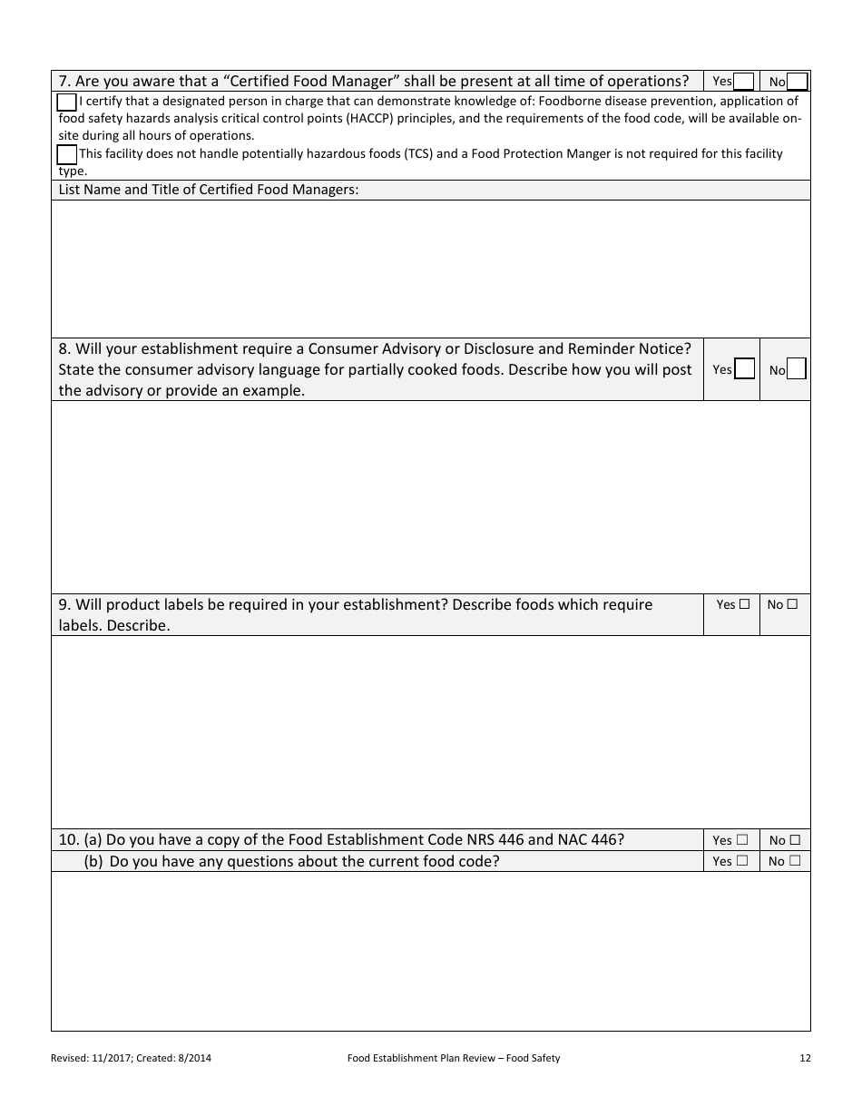 Plan Review for Food Establishment - Part a: Food Safety - Nevada, Page 12