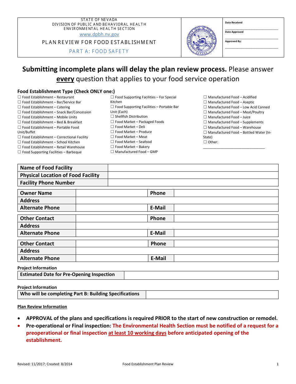 Plan Review for Food Establishment - Part a: Food Safety - Nevada, Page 1