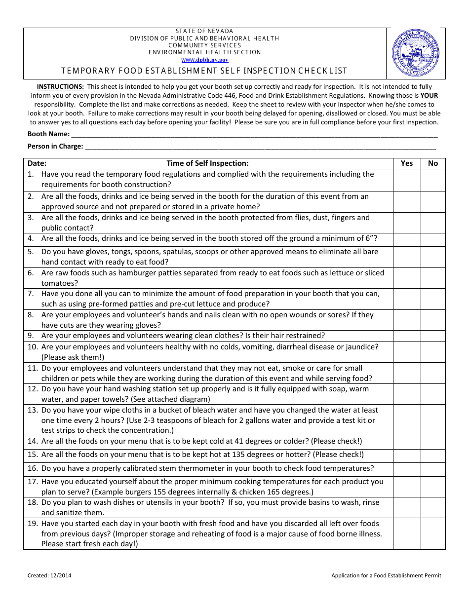 Temporary Food Establishment Self Inspection Checklist - Nevada, Page 1