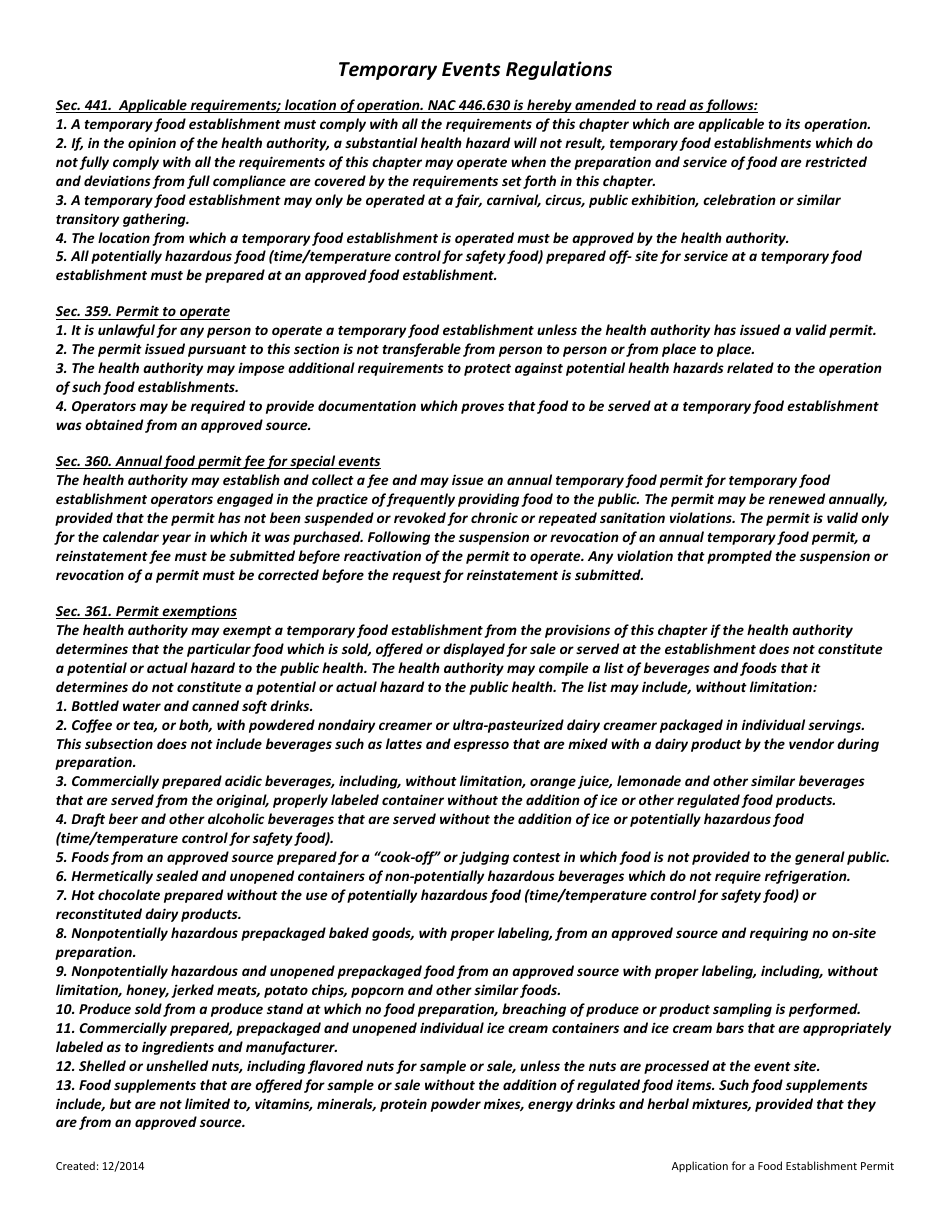 Temporary Food Establishment Self Inspection Checklist - Nevada, Page 3