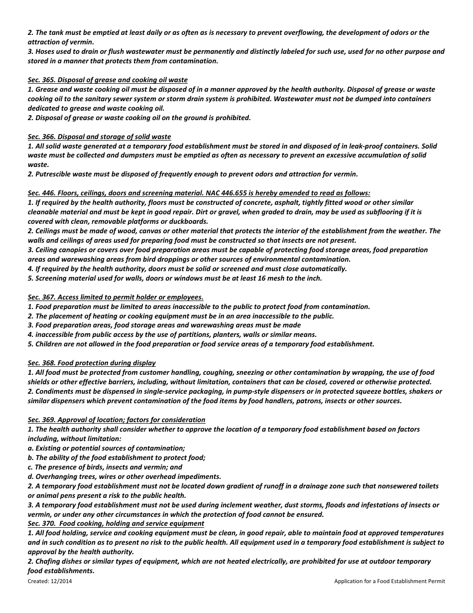 Temporary Food Establishment Self Inspection Checklist - Nevada, Page 5