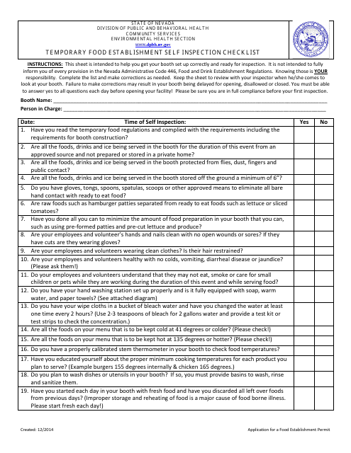 Temporary Food Establishment Self Inspection Checklist - Nevada Download Pdf