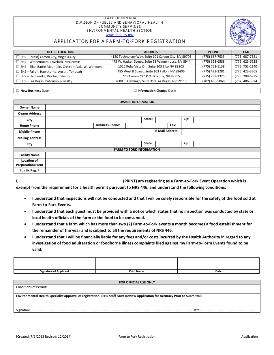 Application for a Farm-To-Fork Registration - Nevada, Page 1