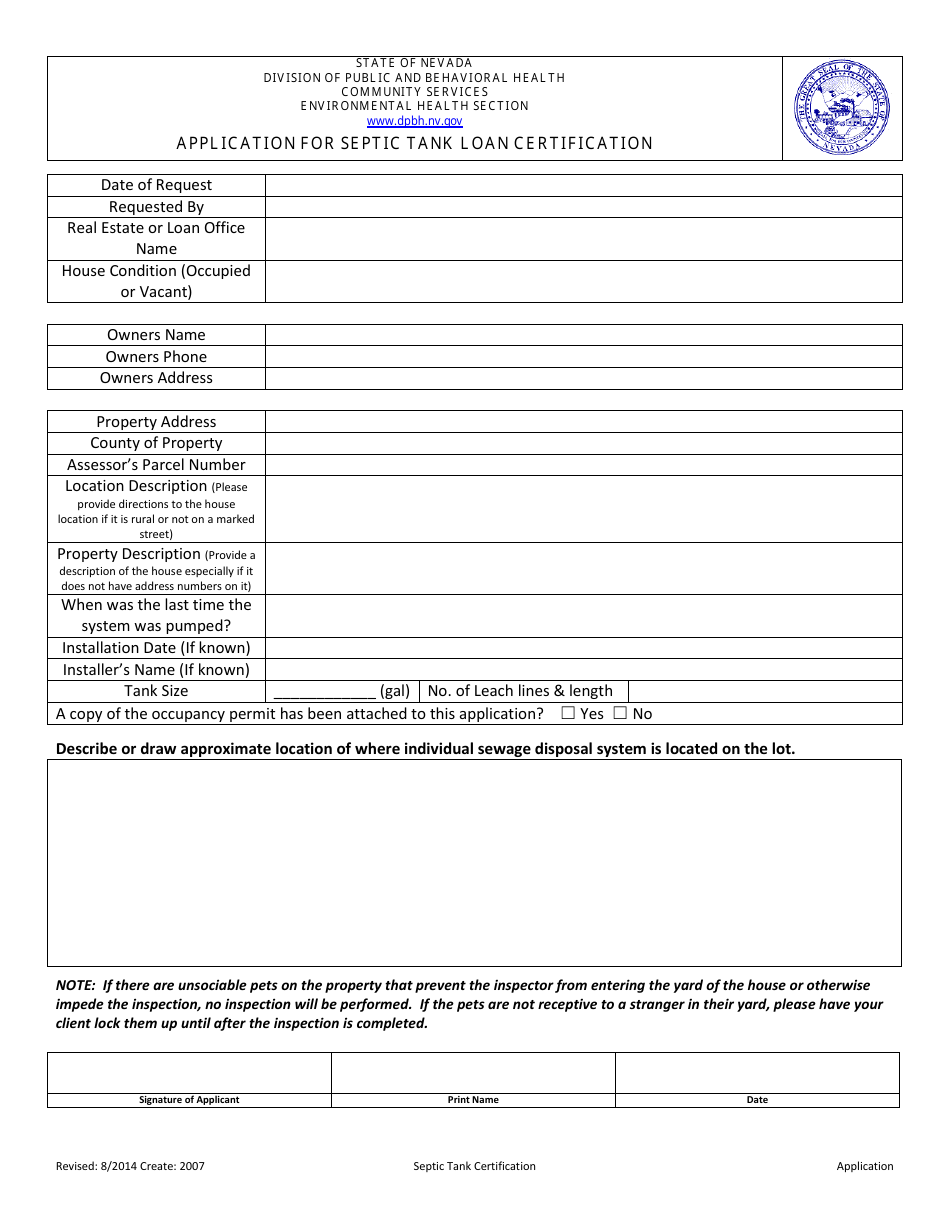Application for Septic Tank Loan Certification - Nevada, Page 1