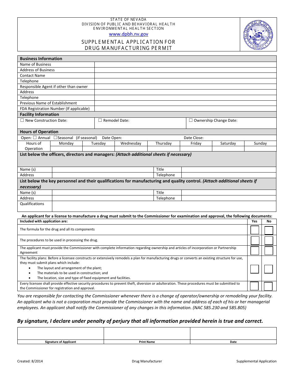 Supplemental Application for Drug Manufacturing Permit - Nevada, Page 1