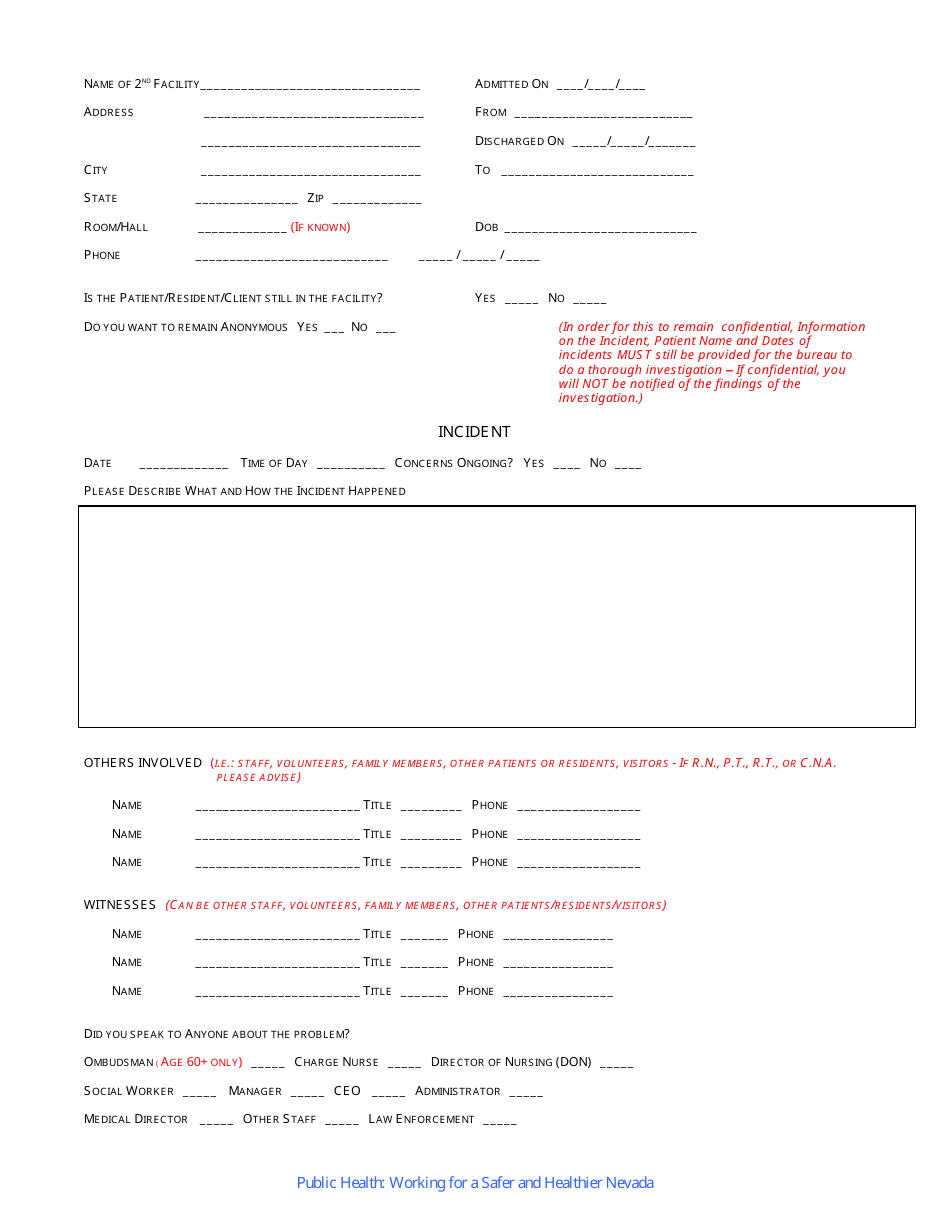 Complaint Form - Bureau of Health Care Quality and Compliance - Nevada, Page 2