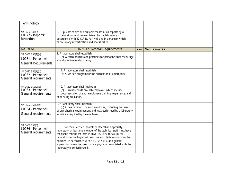 Medical Laboratory Self-assessment Form - Licensed and Registered Laboratories - Nevada, Page 12