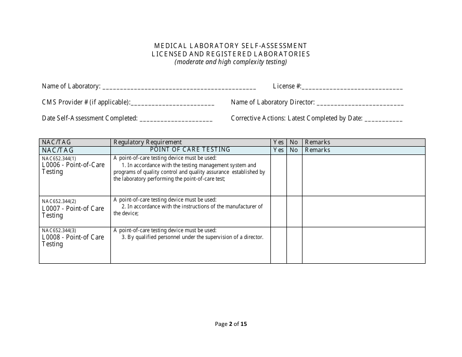 Medical Laboratory Self-assessment Form - Licensed and Registered Laboratories - Nevada, Page 2