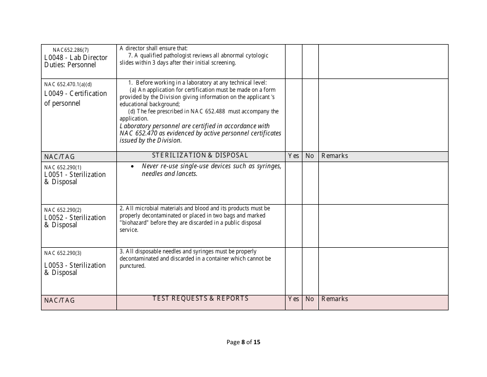 Medical Laboratory Self-assessment Form - Licensed and Registered Laboratories - Nevada, Page 8