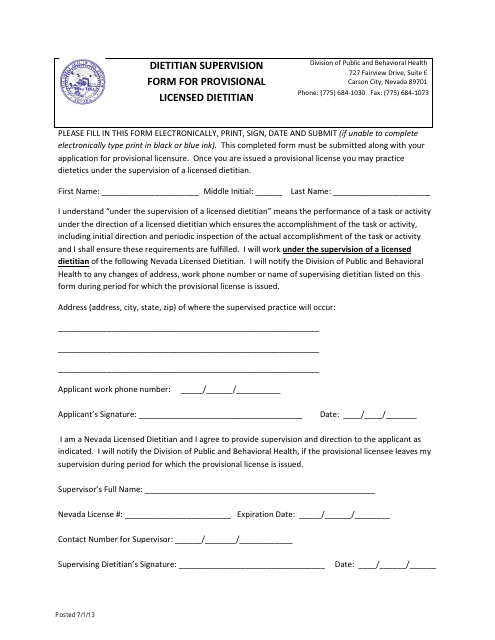 Dietitian Supervision Form for Provisional Licensed Dietitian - Nevada Download Pdf