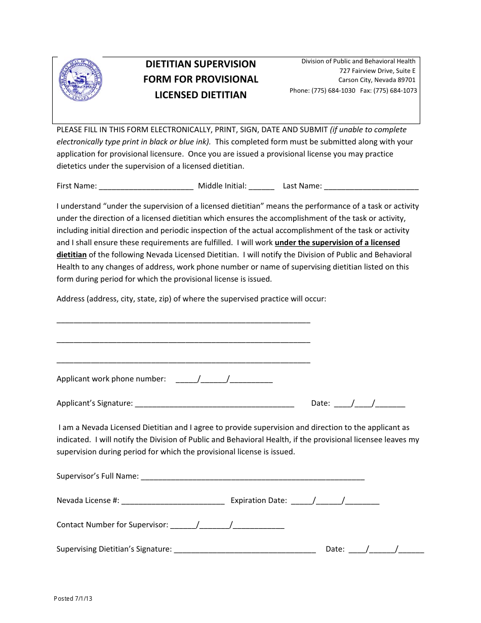 Dietitian Supervision Form for Provisional Licensed Dietitian - Nevada, Page 1
