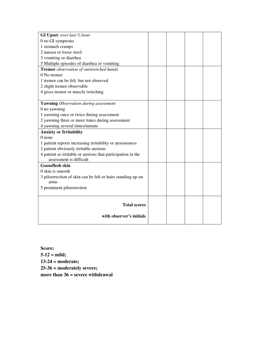 Clinical Opiate Withdrawal Scale (Cows) Flow-Sheet Download Printable ...