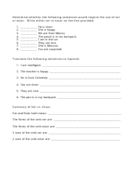 Verbs Ser and Estar Spanish Language Worksheet, Page 2