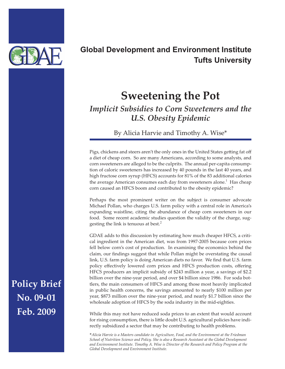 Implicit Subsidies to Corn Sweeteners and the U.S. Obesity Epidemic document cover