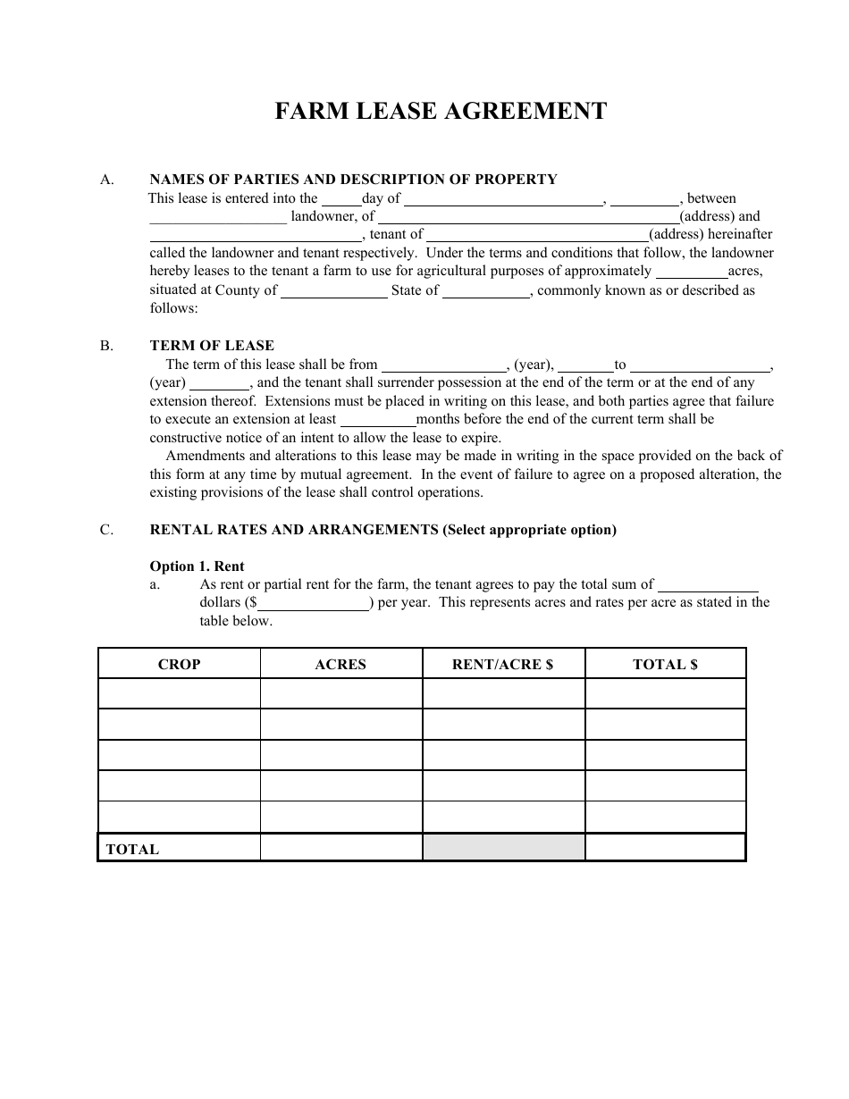 Farm Lease Agreement Template - With Amendment, Page 1